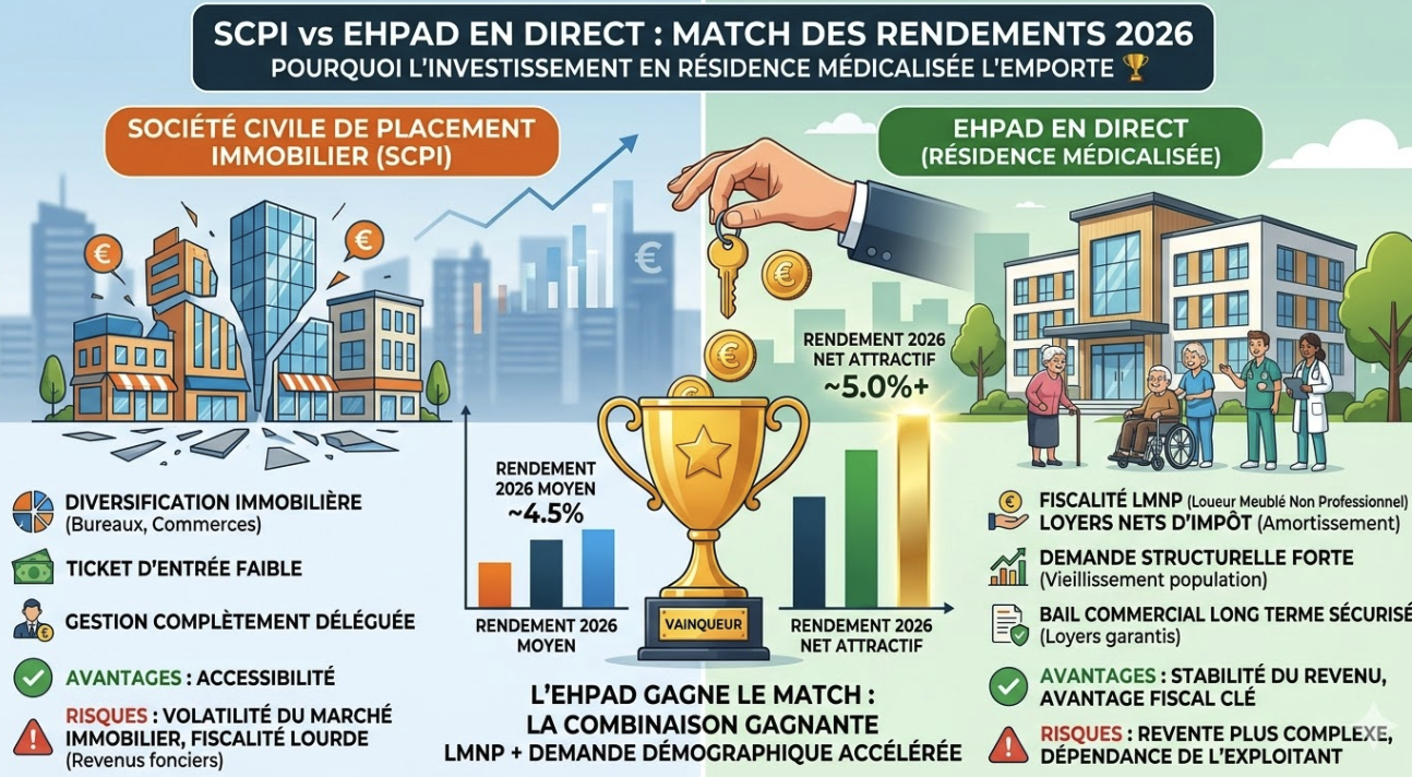 SCPI vs EHPAD en direct : le match des rendements 2026 — et pourquoi l'investissement en résidence médicalisée l'emporte 🏆